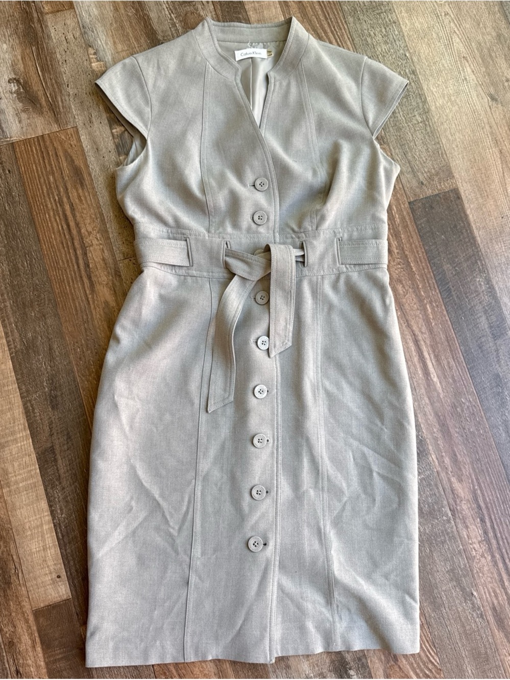 Light Gray Button-Front Belted Midi Dress